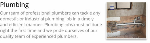 Plumbing Our team of professional plumbers can tackle any domestic or industrial plumbing job in a timely and efficient manner. Plumbing jobs must be done right the first time and we pride ourselves of our quality team of experienced plumbers.